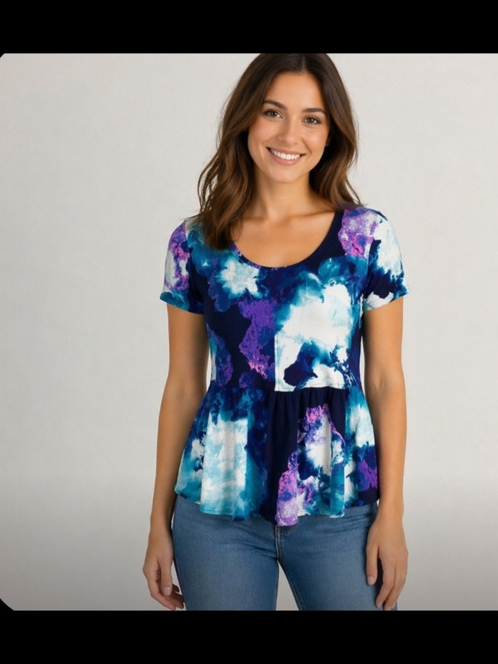 Juicy Couture Blue Purple Short Sleeve Abstract Watercolor Peplum Top Medium